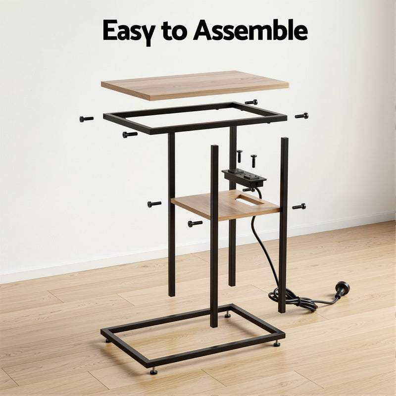Artiss C-Shaped Side Table with Charging Station – Wood & Black