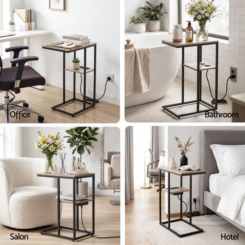 Artiss C-Shaped Side Table with Charging Station – Wood & Black