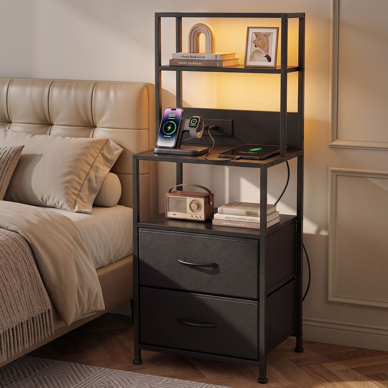 Artiss LED Bedside Table with Charging Station – Black