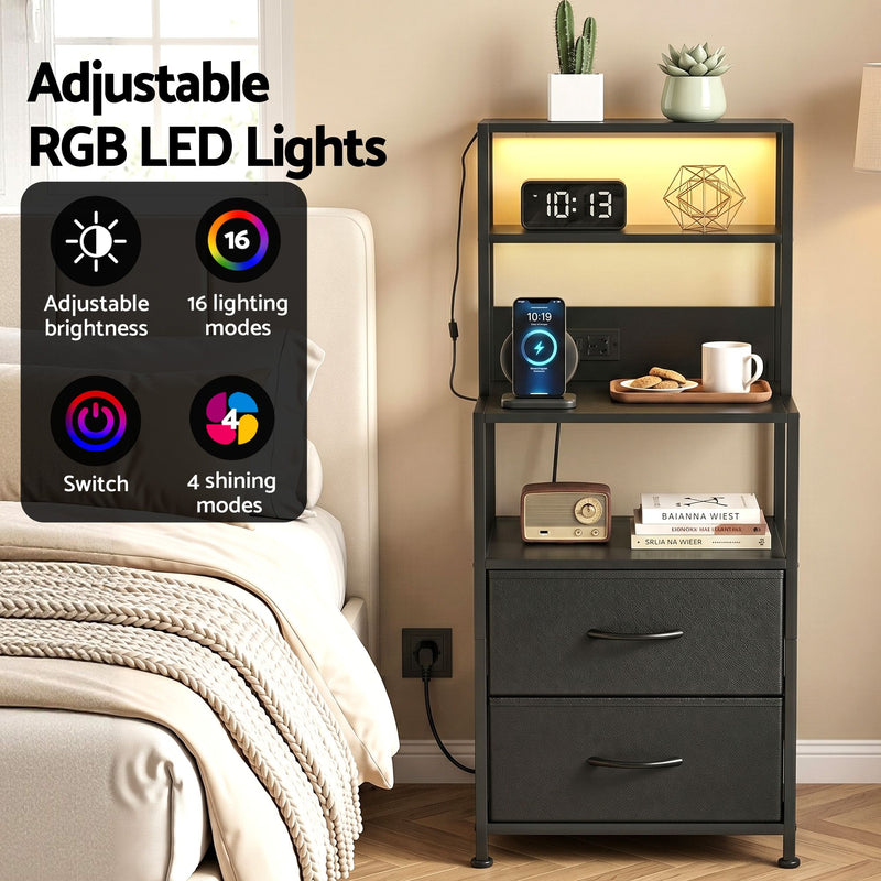Artiss LED Bedside Table with Charging Station – Black