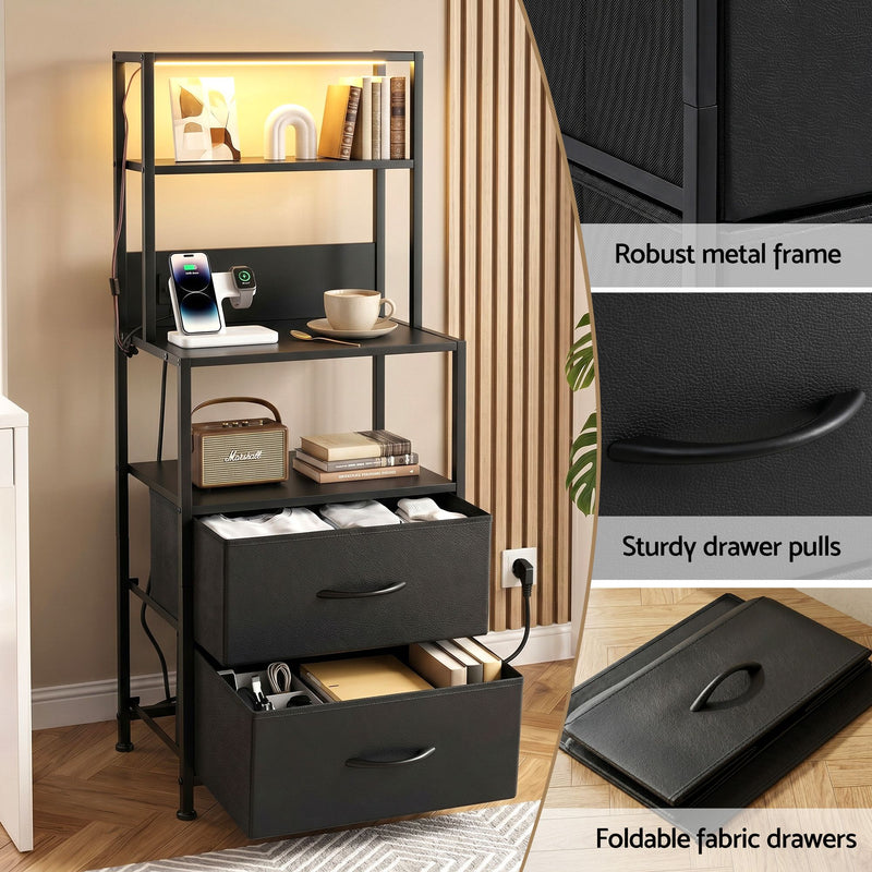 Artiss LED Bedside Table with Charging Station – Black
