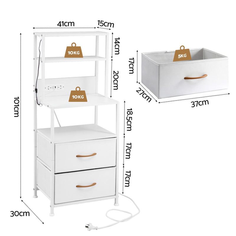 Artiss LED Bedside Table w/ Charging Station – White