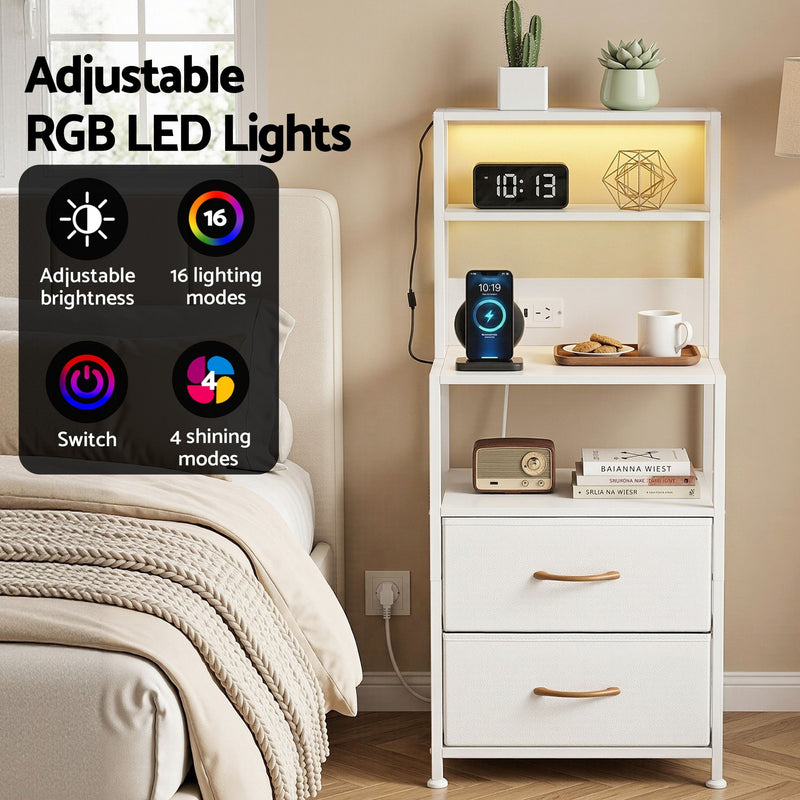 Artiss LED Bedside Table w/ Charging Station – White