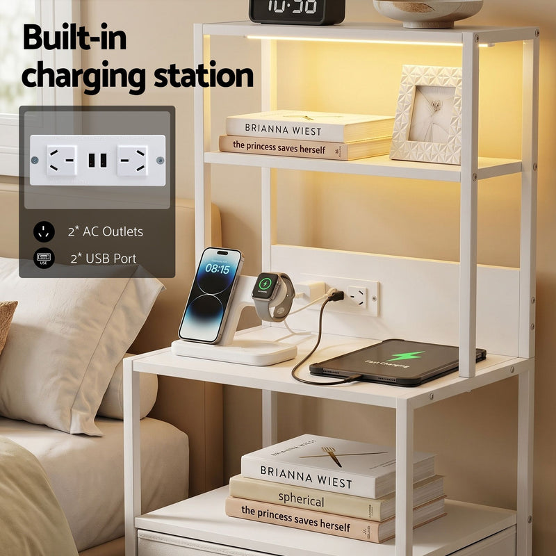 Artiss LED Bedside Table w/ Charging Station – White