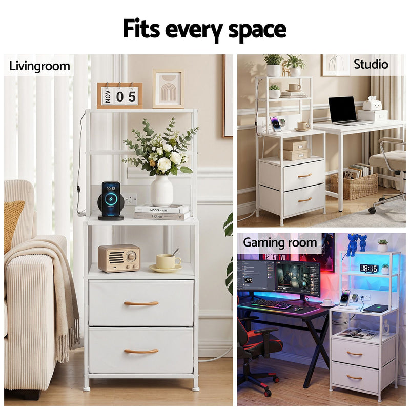 Artiss LED Bedside Table w/ Charging Station – White