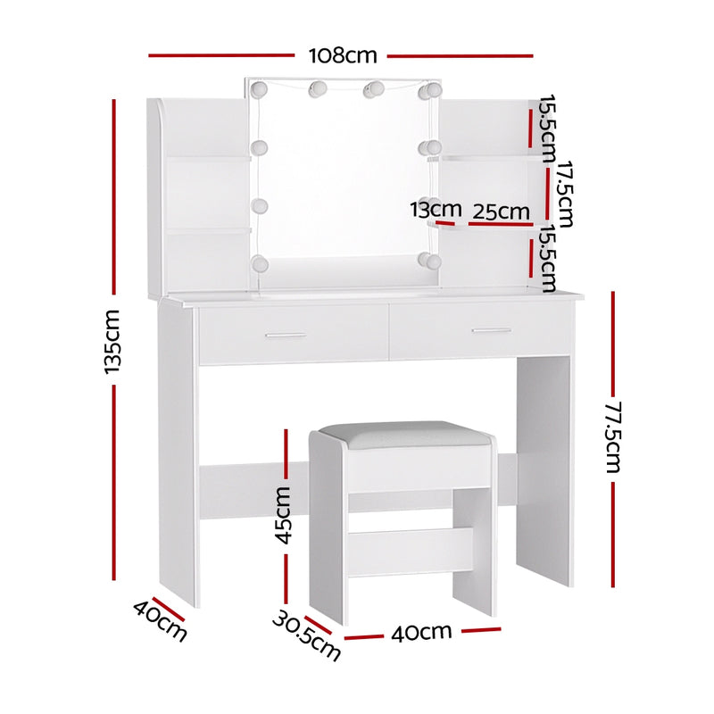 Dressing Table Set Stool 10 Led Bulbs White Dulce
