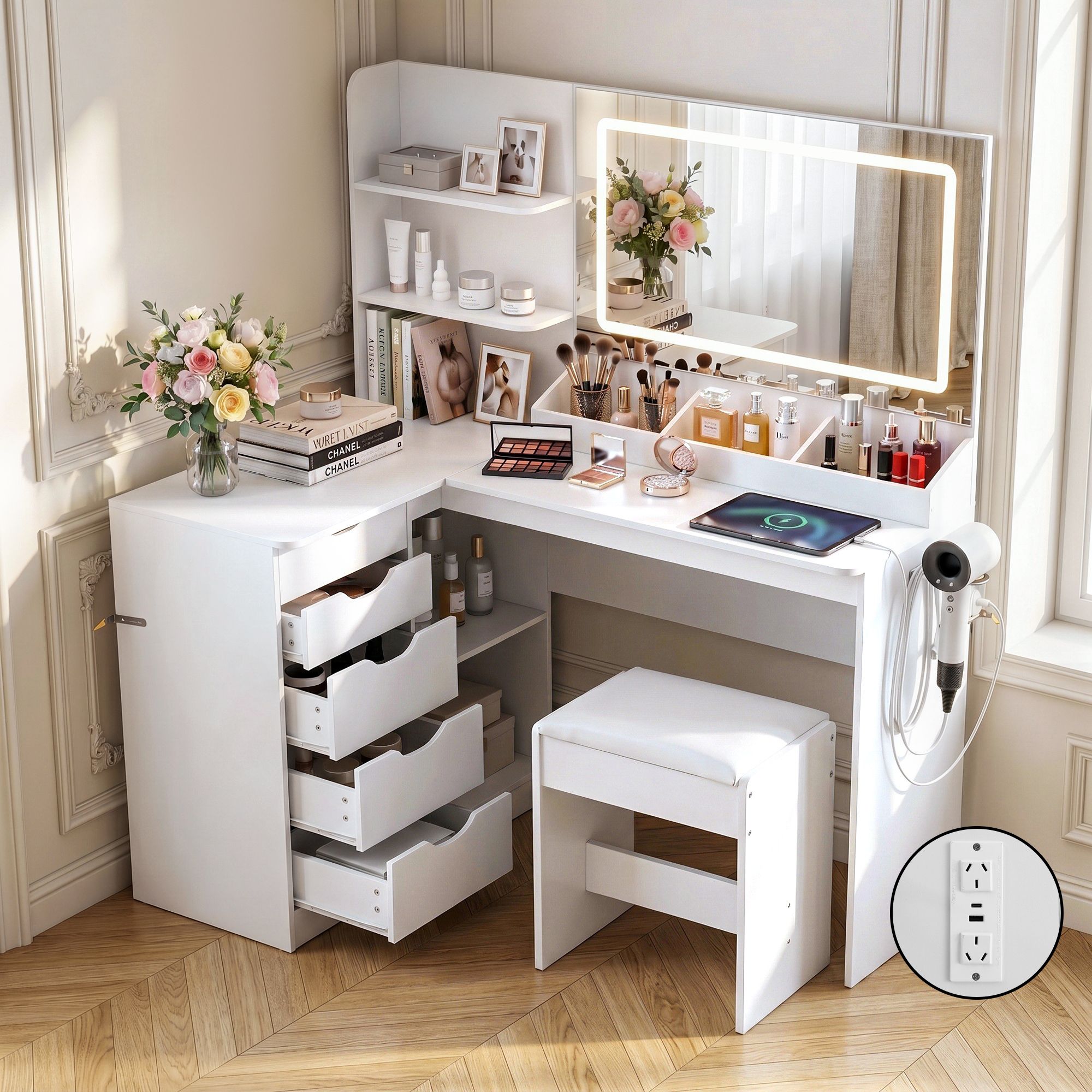 Artiss Corner Vanity Set with LED Mirror, Charging Station & Stool – White