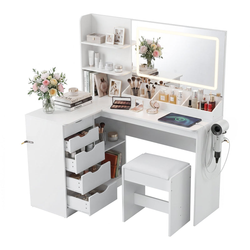 Artiss Corner Vanity Set with LED Mirror, Charging Station & Stool – White