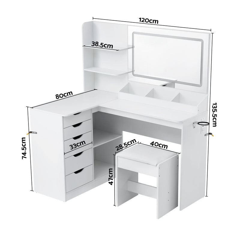 Artiss Corner Vanity Set with LED Mirror, Charging Station & Stool – White