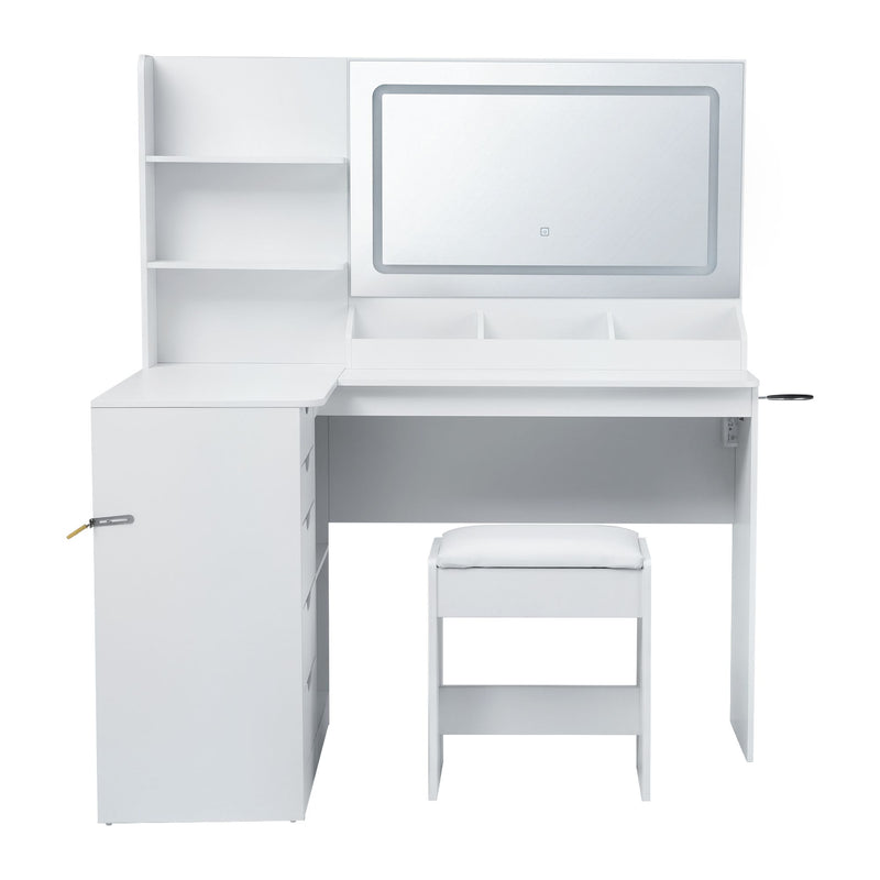 Artiss Corner Vanity Set with LED Mirror, Charging Station & Stool – White