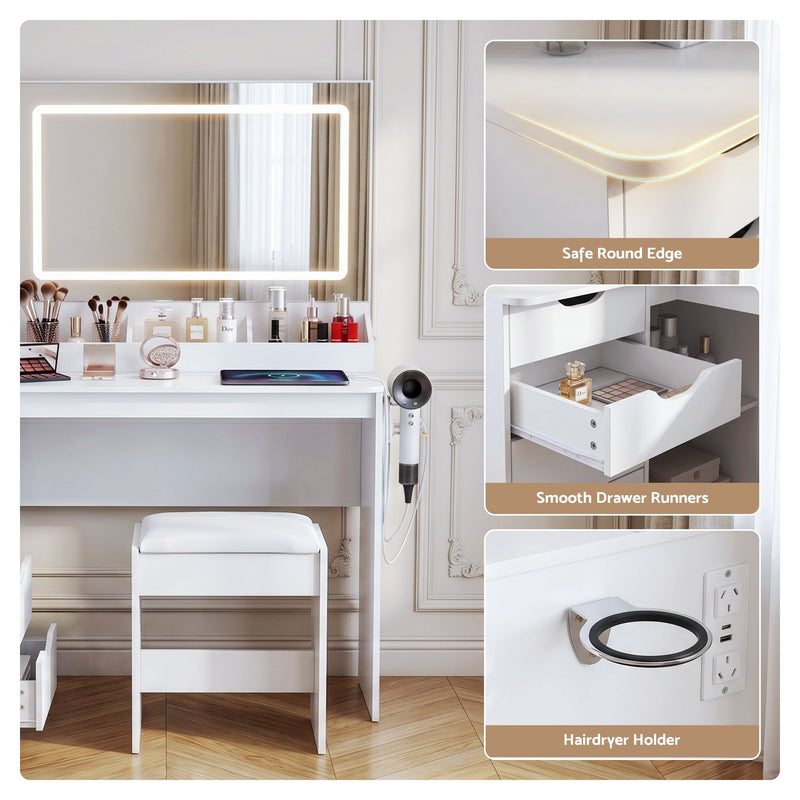 Artiss Corner Vanity Set with LED Mirror, Charging Station & Stool – White