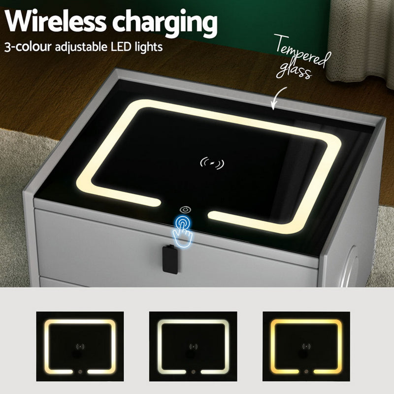 Artiss AIKA Smart Bedside Table – Wireless Charging, Grey