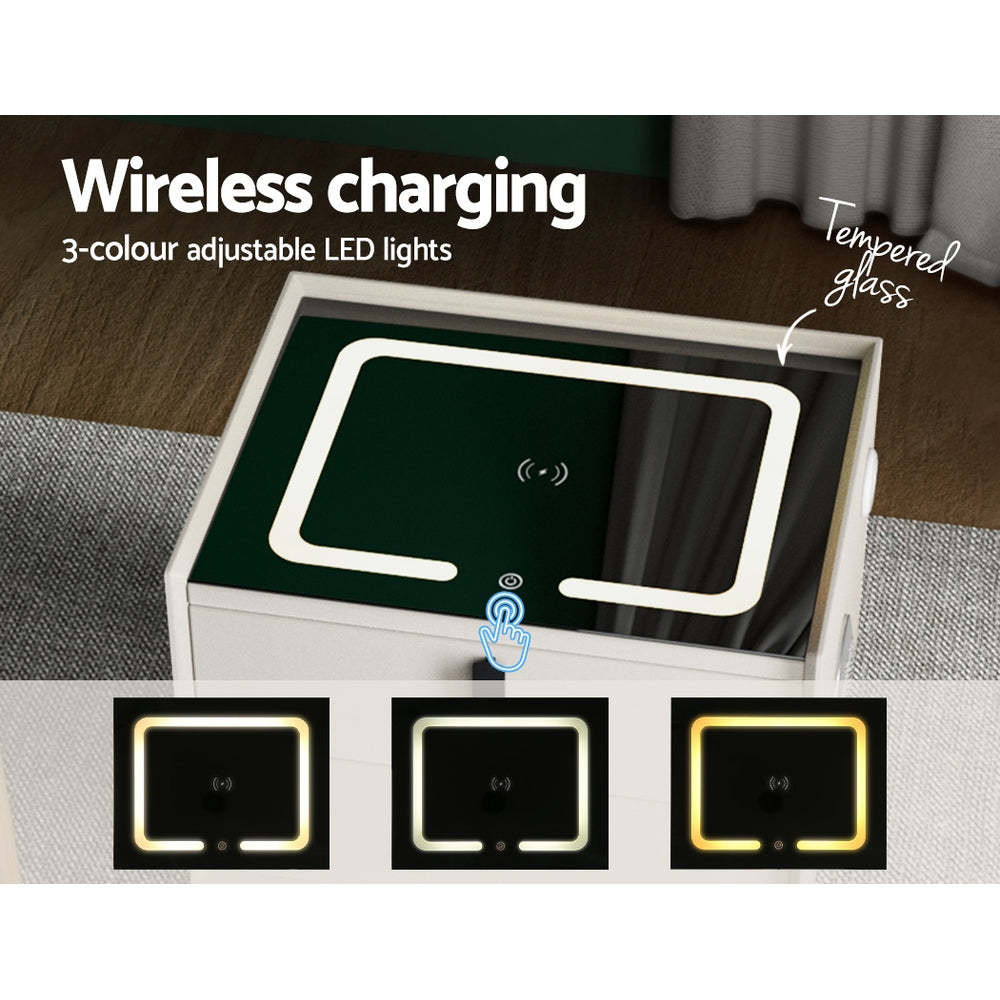 Smart Bedside Table – White with Wireless Charging