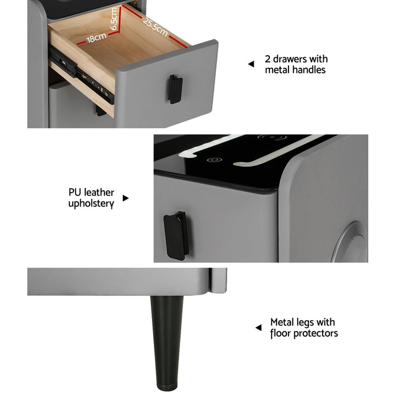Smart Bedside Table – Grey with Wireless Charging