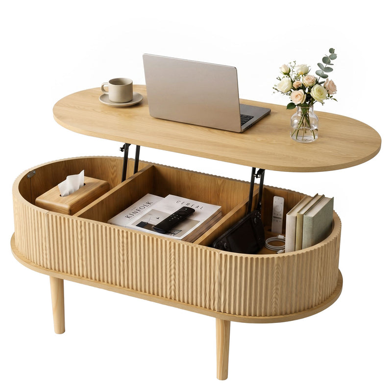 Artiss Lift Top Coffee Table Fluted Oval Storage Table 100cm