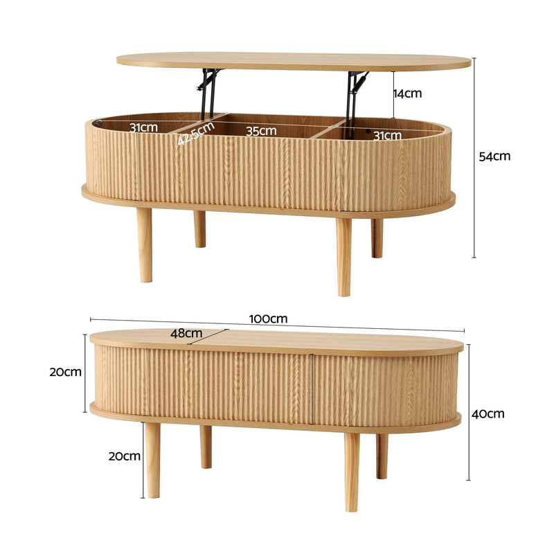 Artiss Lift Top Coffee Table Fluted Oval Storage Table 100cm