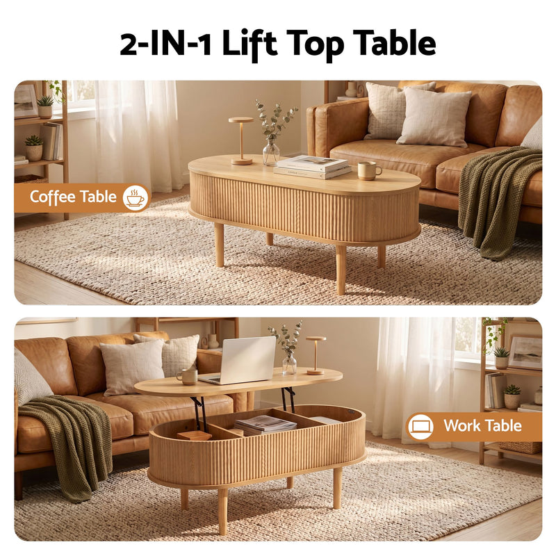 Artiss Lift Top Coffee Table Fluted Oval Storage Table 100cm