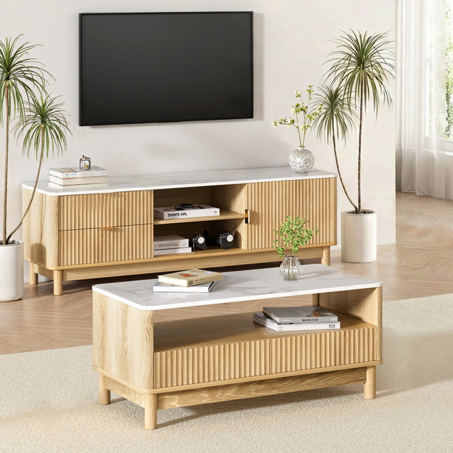 Artiss TV Unit & Coffee Table Set with Storage – Modern Pine Design