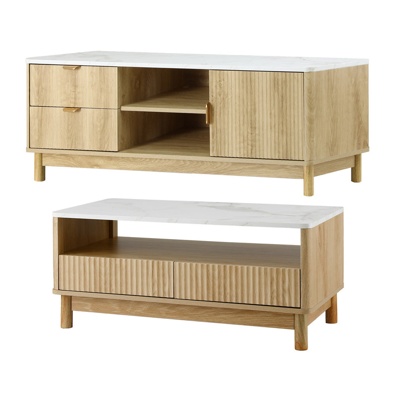 Artiss TV Unit & Coffee Table Set – Pine Storage Drawers