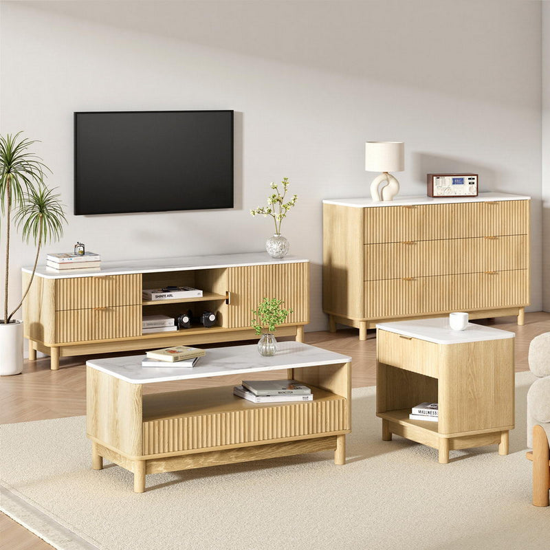 Artiss TV Unit & Coffee Table Set – Pine Storage Drawers