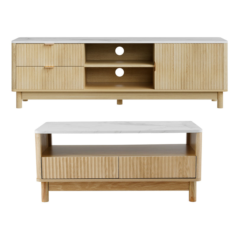 Artiss TV Unit & Coffee Table Set – Pine Storage Drawers