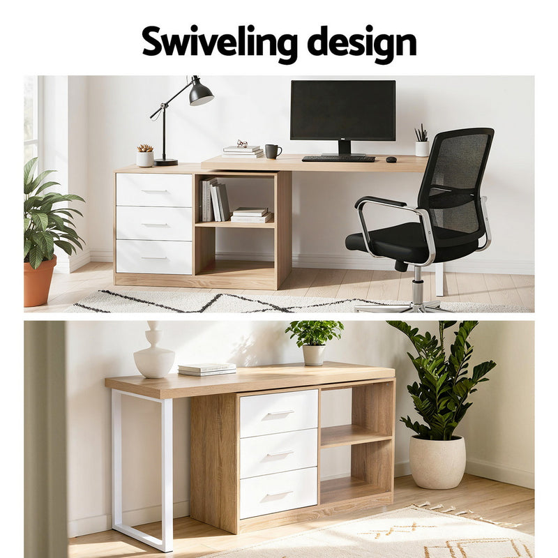 Computer Desk Swivelling L shape Home Office Storage Cabinet Oak