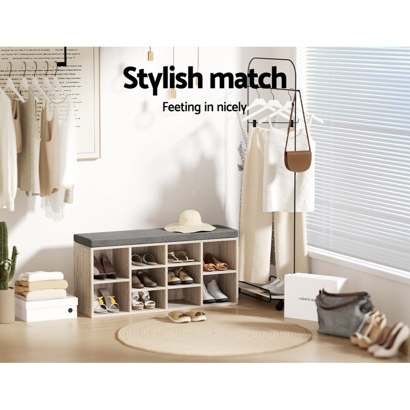 Artiss Shoe Bench Cabinet Fabric Seat Pine
