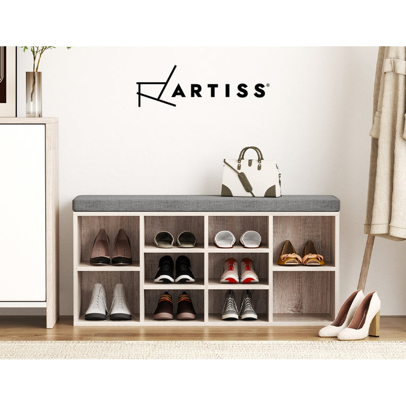 Artiss Shoe Bench Cabinet Fabric Seat Pine