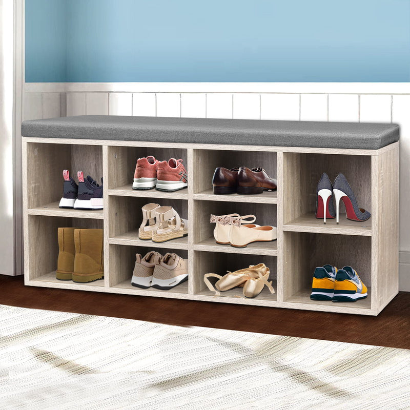 Artiss Shoe Bench Cabinet Fabric Seat Pine