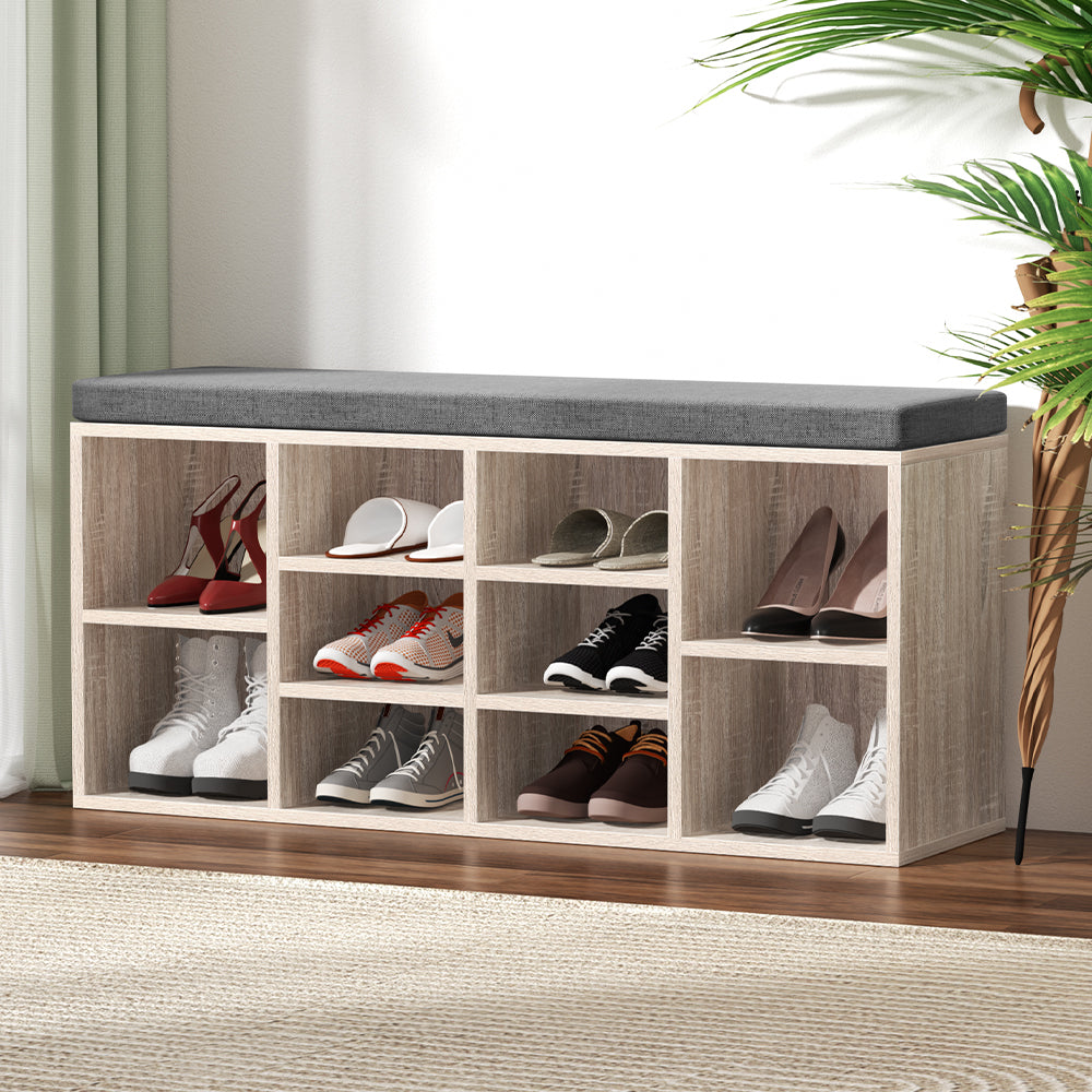 Artiss Shoe Bench Cabinet Fabric Seat Pine