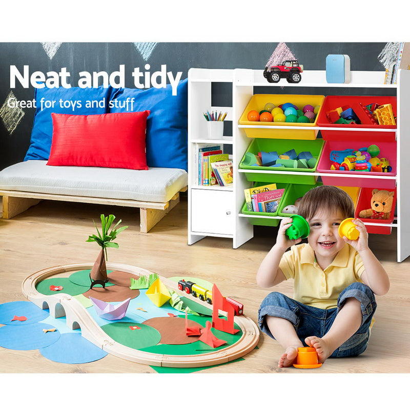 Kids Toy Box with 8 Bins & Bookshelf Storage Rack