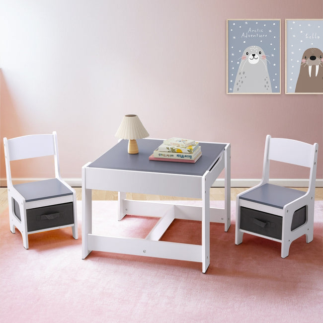 Kids Activity Table & Chairs Set with Storage and Chalkboard – Grey