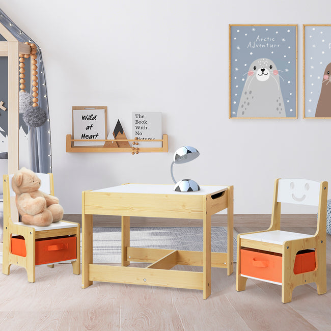 3PCS Kids Table & Chairs Set with Chalkboard & Storage