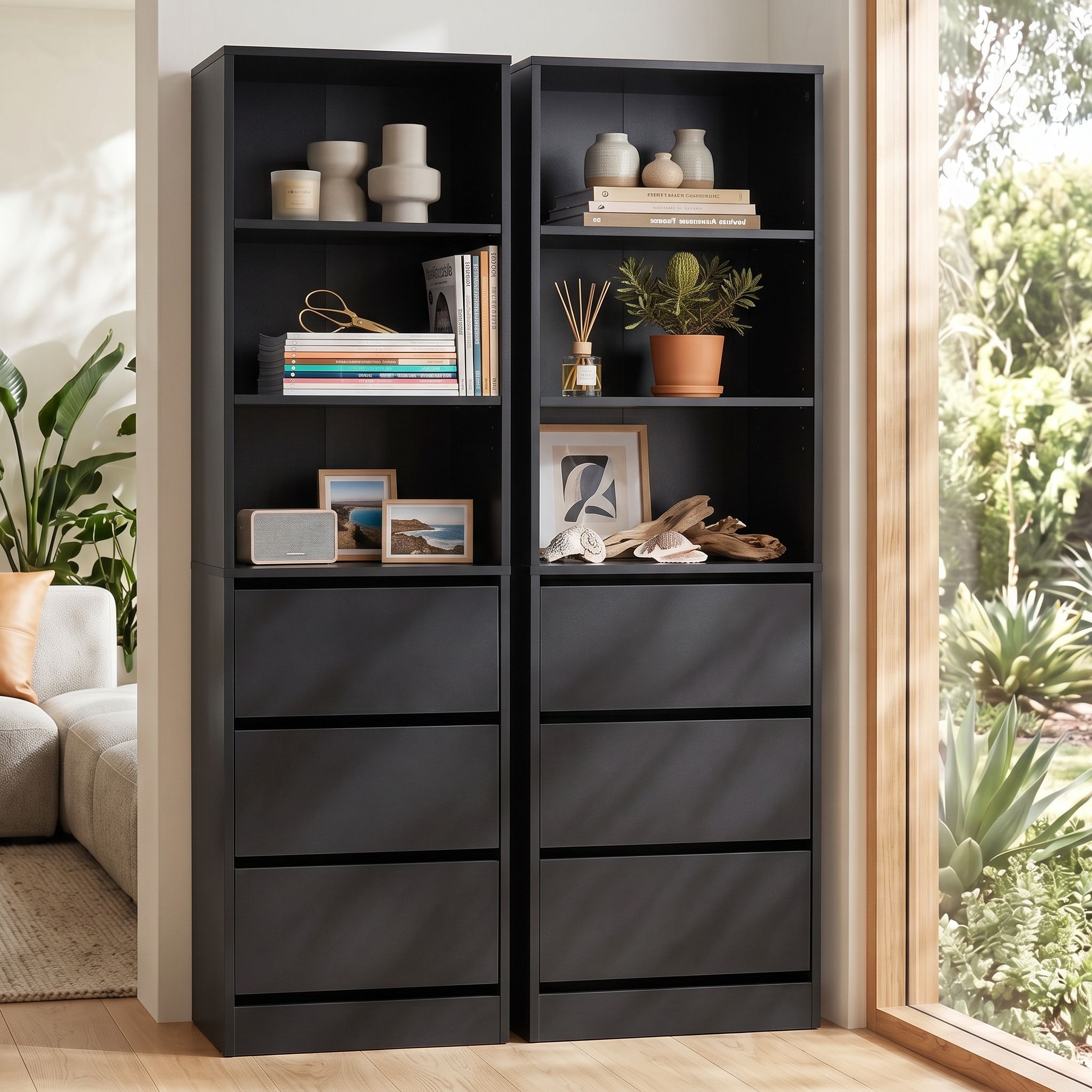 Artiss 2x Chest of 3 Drawers Tallboy Cabinet – Black