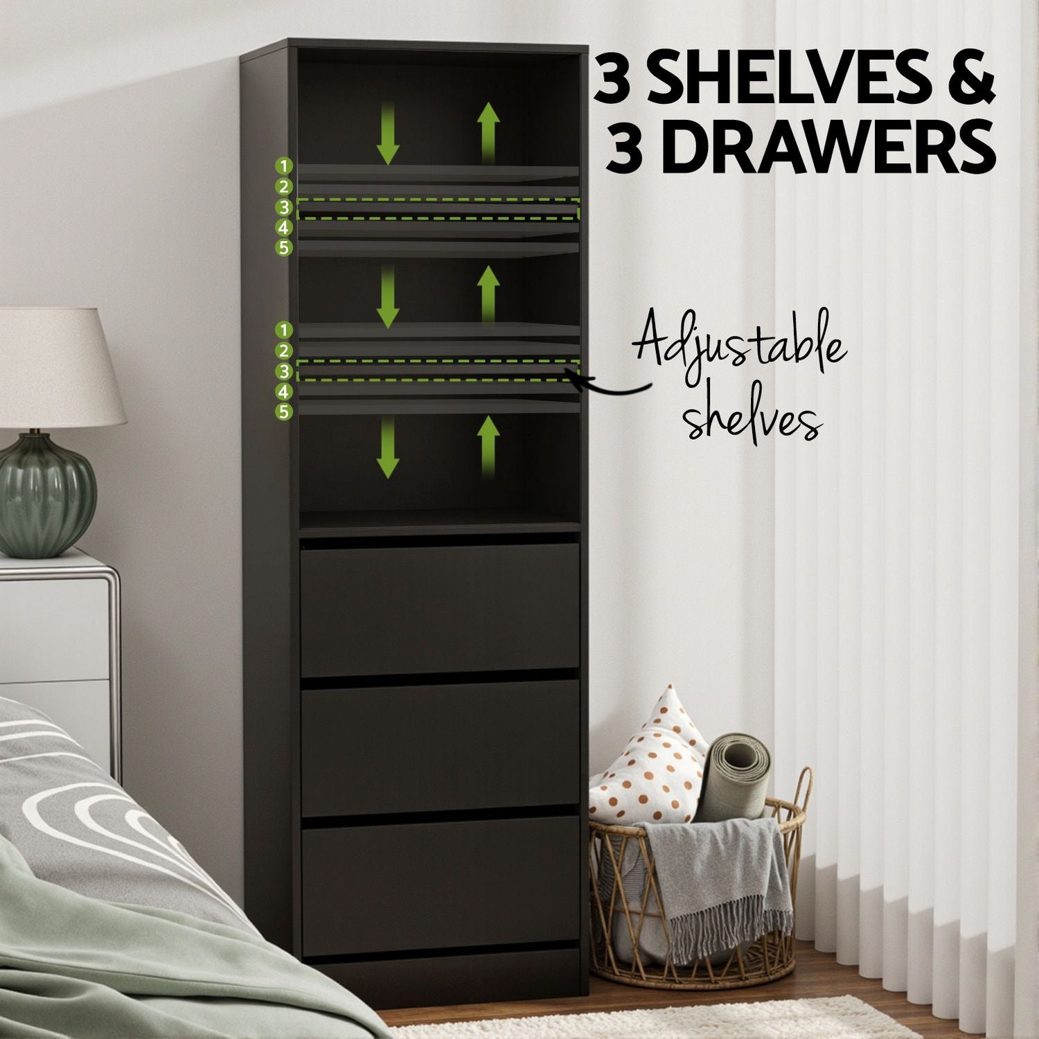 Artiss 2x Chest of 3 Drawers Tallboy Cabinet – Black