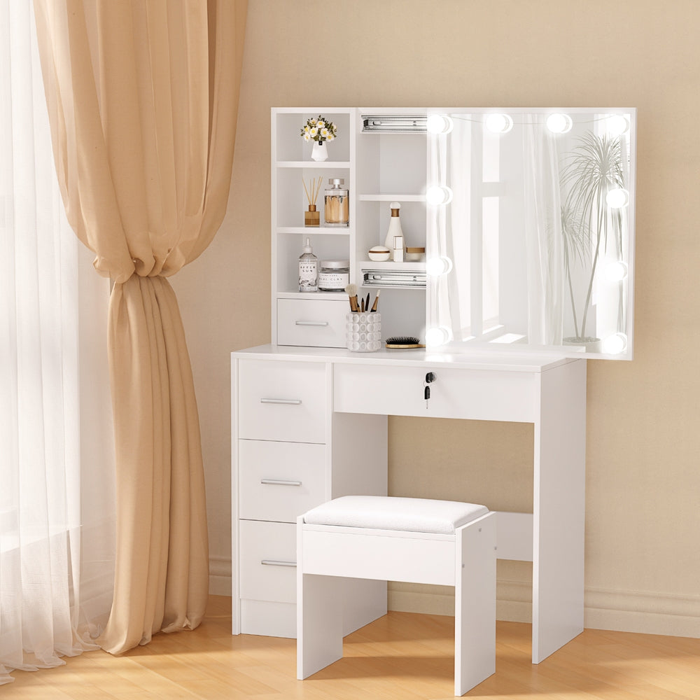 Dylan White Dressing Table Set with Stool & 10 LED Bulbs