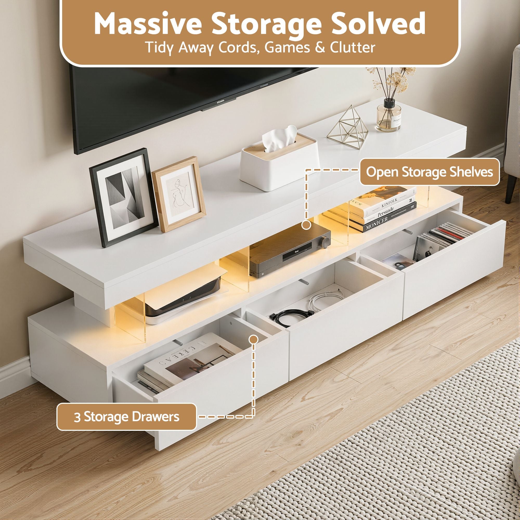 Artiss 160cm LED TV Unit with Storage Drawers – White