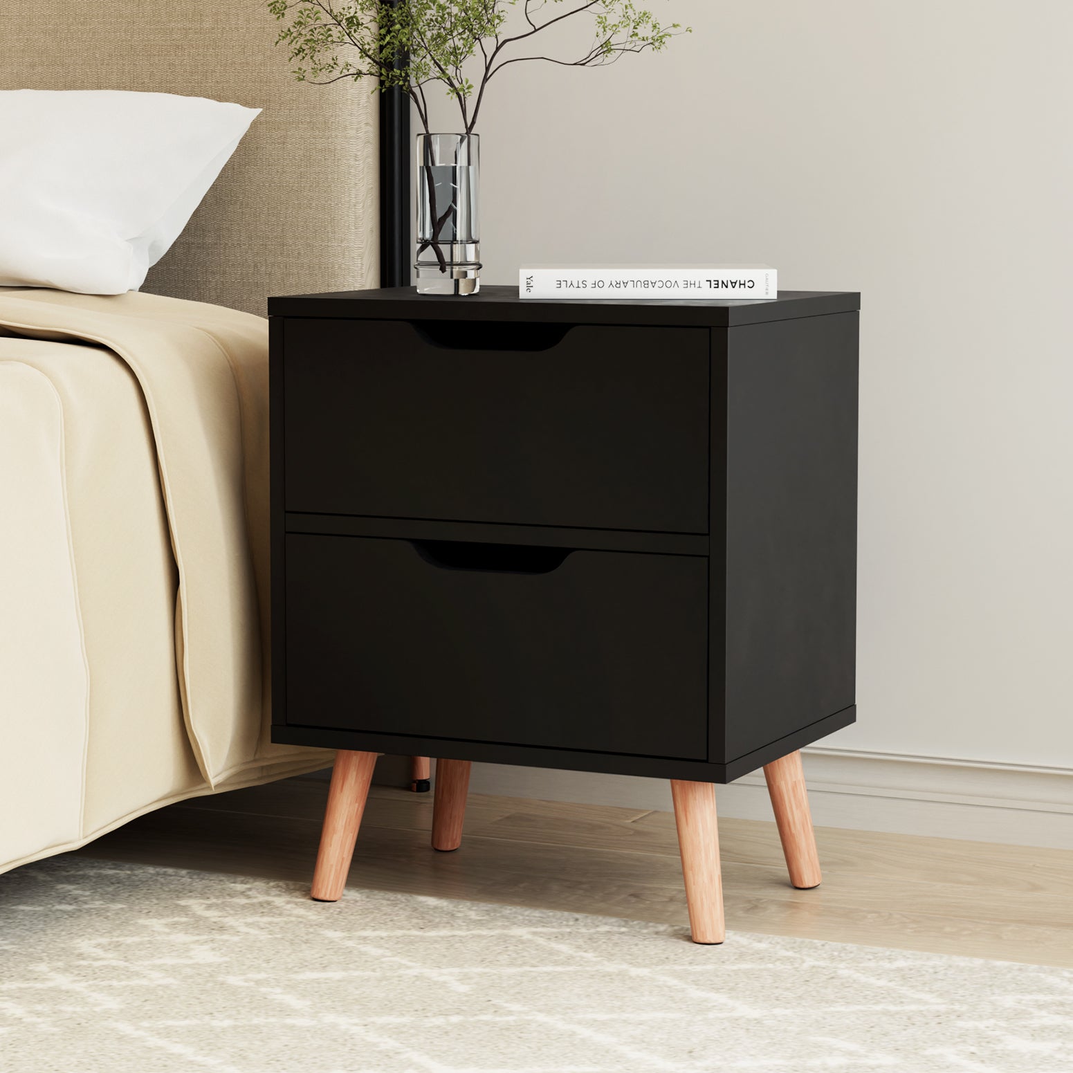 Bedside Table 2 Drawers - BODEN Black