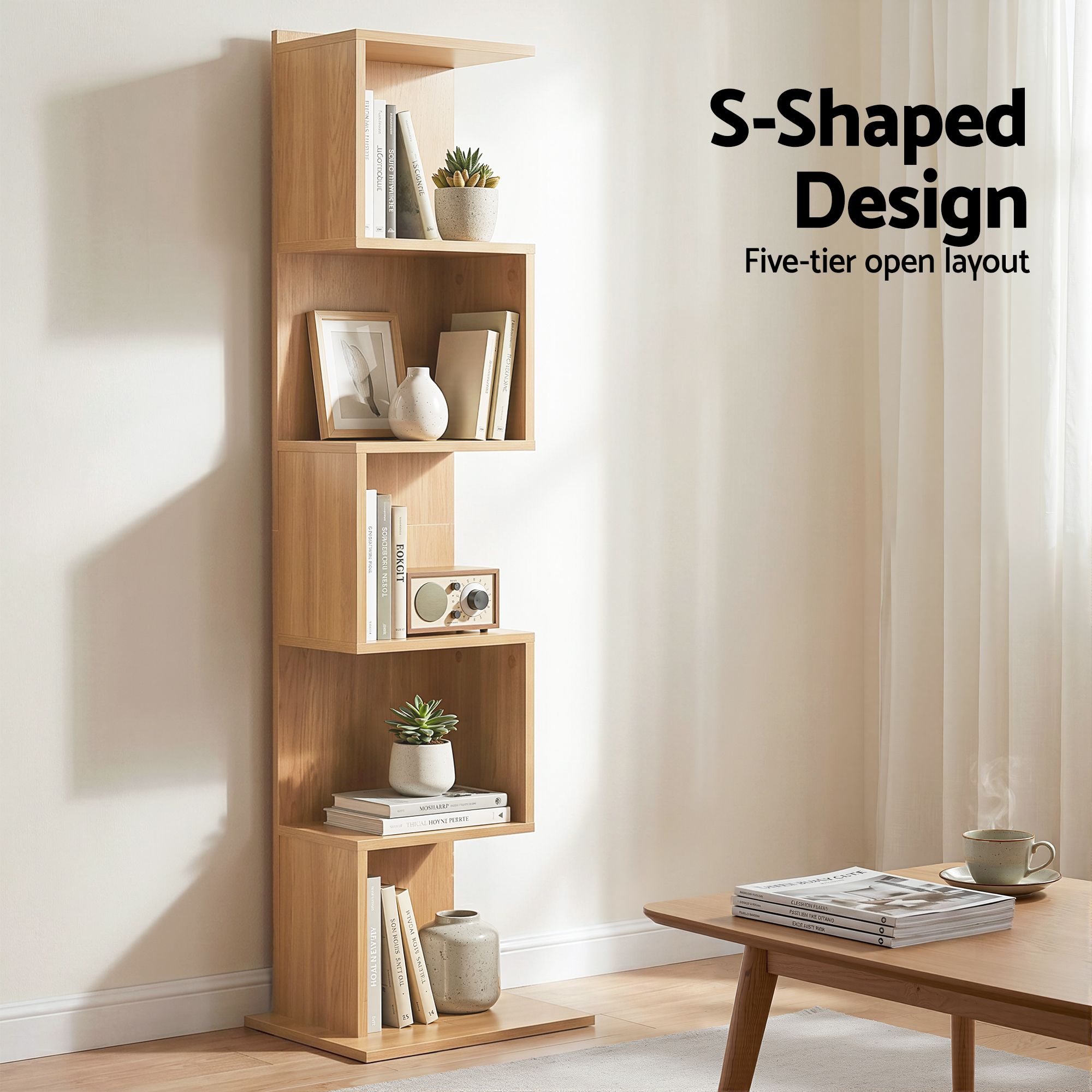 Artiss 5-Tier S-Shaped Bookshelf Bookcase – Oak