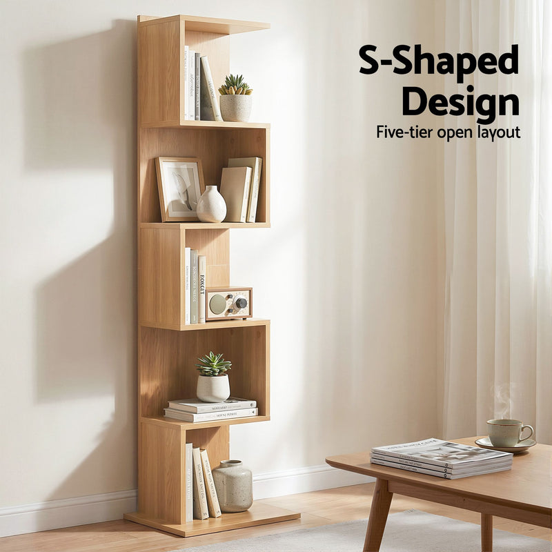 Artiss 5-Tier S-Shaped Bookshelf Bookcase – Oak