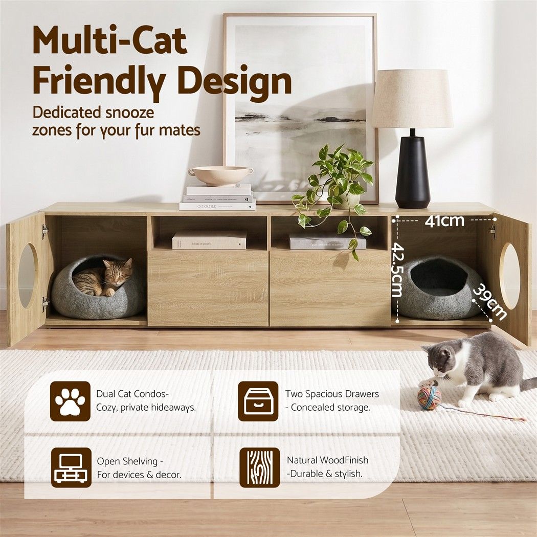 Artiss 185cm TV Unit with Cat House Storage Cabinet – Pine