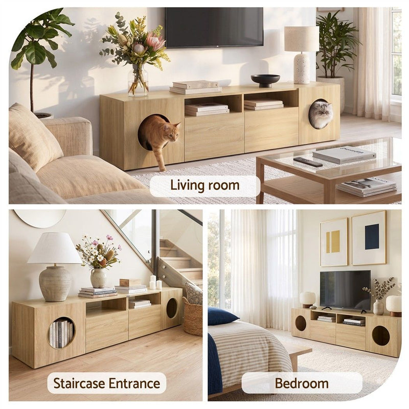 Artiss 185cm TV Unit with Cat House Storage Cabinet – Pine