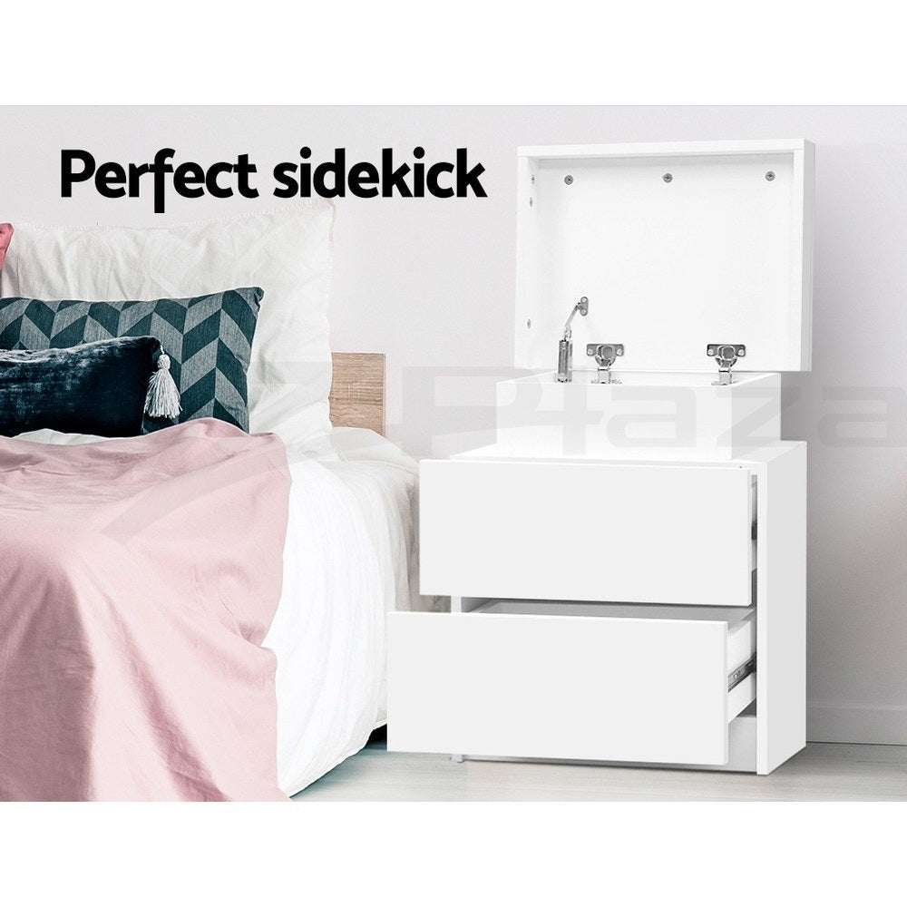 Artiss Bedside Table 2 Drawer Lift-Up Storage – White (2 Pack)