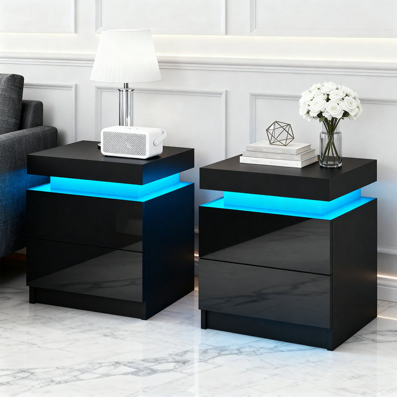 Artiss COLEY LED Bedside Table 2 Drawer Lift-Up Storage – Black (2 Pack)