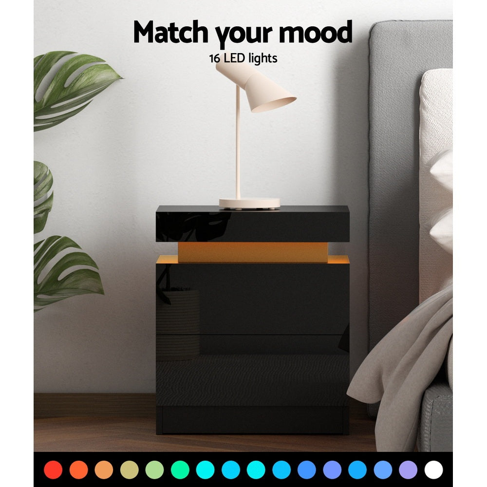 Artiss COLEY LED Bedside Table 2 Drawer Lift-Up Storage – Black (2 Pack)