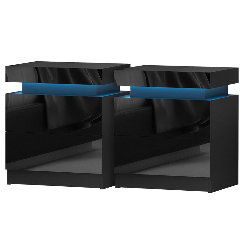 Artiss COLEY LED Bedside Table 2 Drawer Lift-Up Storage – Black (2 Pack)