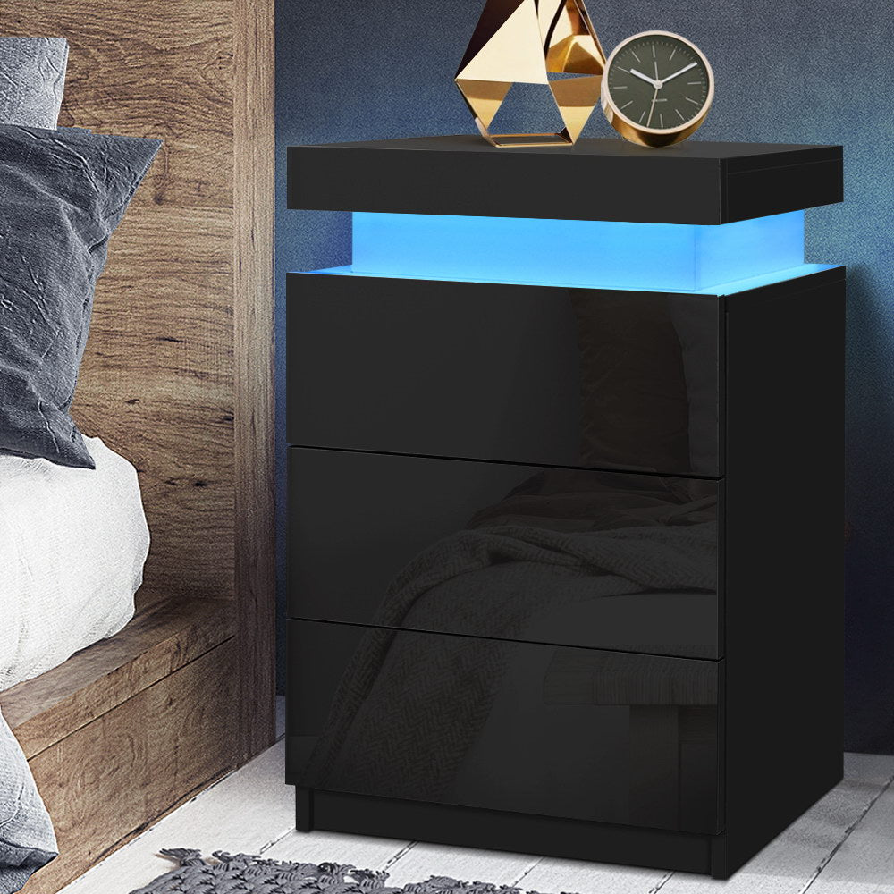 LED Bedside Table 3 Drawers - COLEY Black