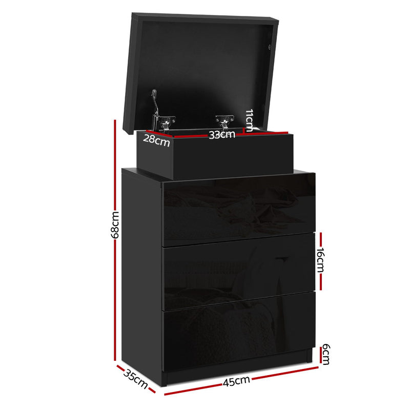 LED Bedside Table 3 Drawers - COLEY Black