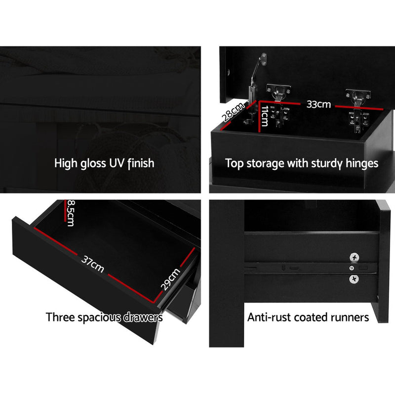 LED Bedside Table 3 Drawers - COLEY Black