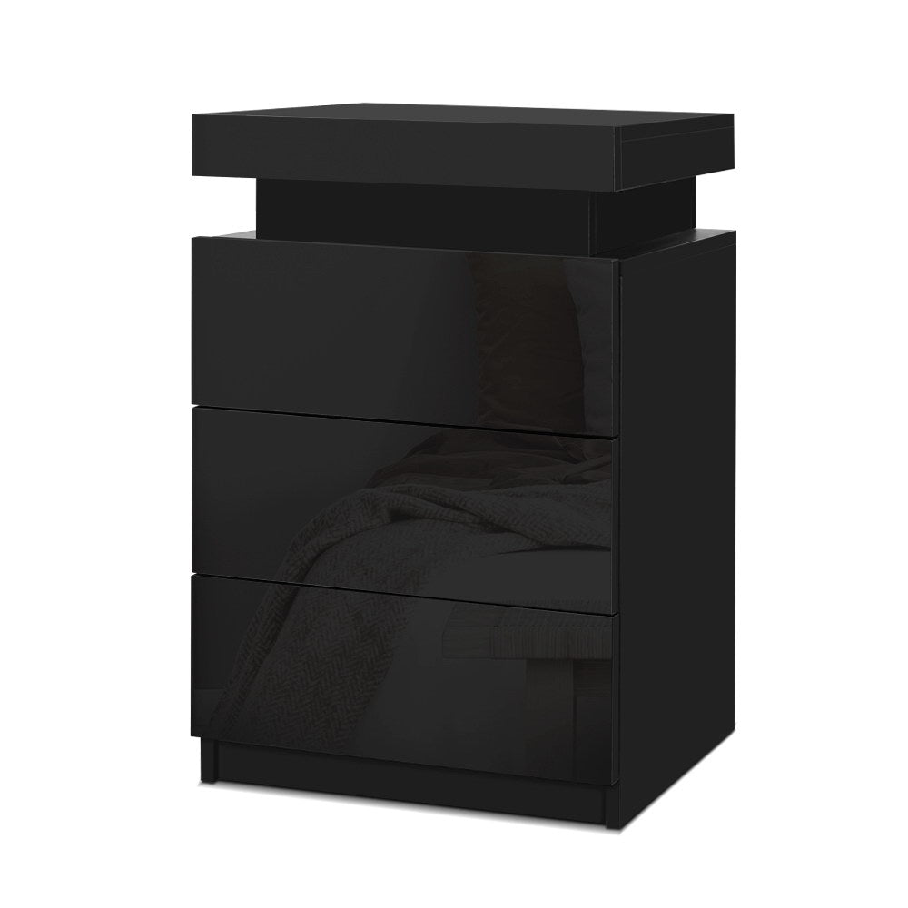 LED Bedside Table 3 Drawers - COLEY Black